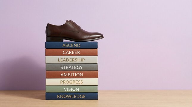 Brown leather shoe on a stack of business books representing career growth, leadership, and professional success concepts
