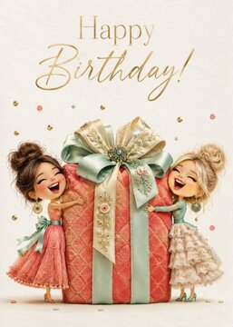 Cheerful Girls Hugging Giant Wrapped Birthday Present With Luxury Ribbon Celebration