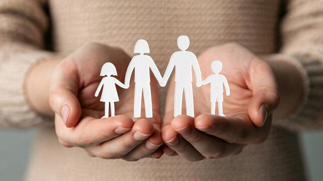 Family Silhouette in Hands: A pair of hands gently cradle a paper cutout of a family, symbolizing protection, love, and belonging.