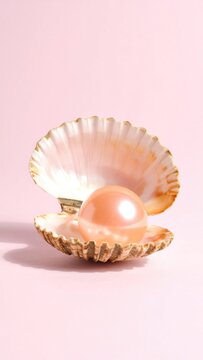 Iridescent pearl nestled within an open seashell on a soft pink backdrop