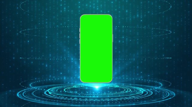 Floating mobile chroma display visual with glowing cyber platform, vertical light particles, technology space. for phone app videos, product ads, interface demos, digital showcases, and overlays.