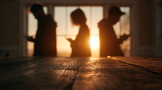 Digital Isolation at Sunset: Silhouettes of three individuals are engrossed in their mobile phones, illuminated by the warm glow of the setting sun streaming through a window.
