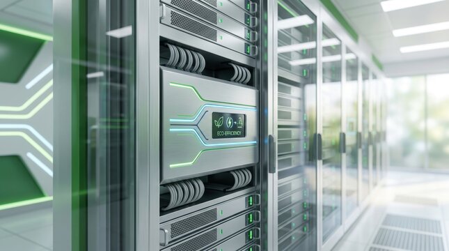 Modern server rack with eco efficiency display in green data center, sustainable cloud computing technology, energy saving infrastructure for digital business and network storag...