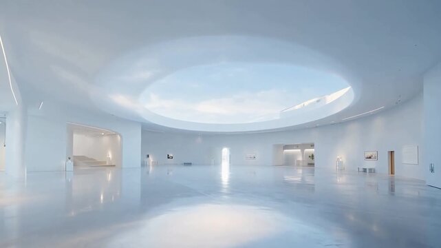 Spacious minimalist interior with circular skylight and reflective floor