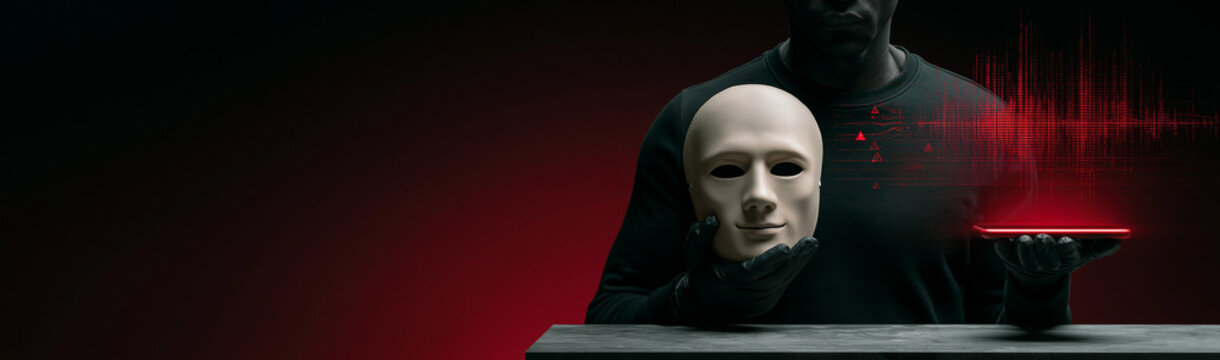 Masked Persona and Digital Identity: A mysterious figure cloaked in shadow holds a white mask, symbolizing hidden identity and the duality of self in the digital age.