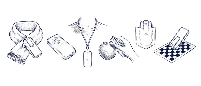 Assistive smart technology line art concept illustrations showing wearable device for visual impairment aid, object recognition scanner, and pocket camera set on white background.