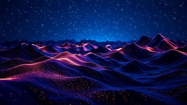 A mesmerizing digital landscape of undulating hills under a starry night sky, illuminated by glowing particles in vibrant purple and pink hues.