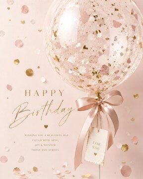 Elegant Transparent Birthday Balloon With Gold Confetti and Pink Ribbon