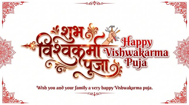 Hand lettering Sketch text of vishwakarma puja with abstract background.