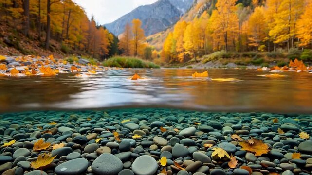 Autumn river scene with floating leaves and pebbled riverbed