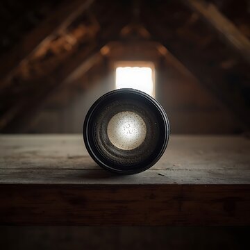 A dusty forgotten lens reframes surveillance as an object left behind, not a watching eye.