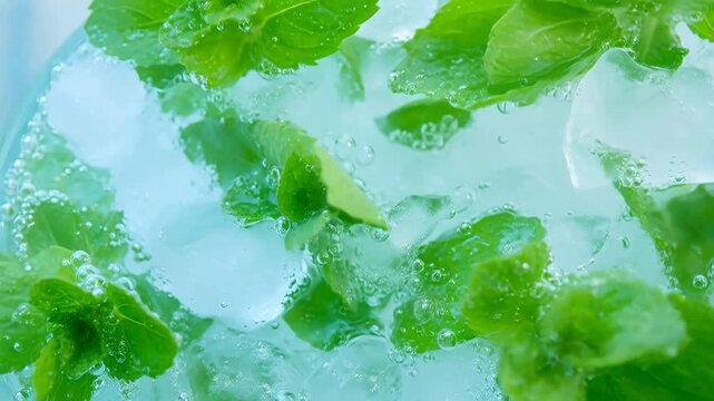 Close-up of fresh mint leaves floating in a carbonated drink with ice cubes and bubbles