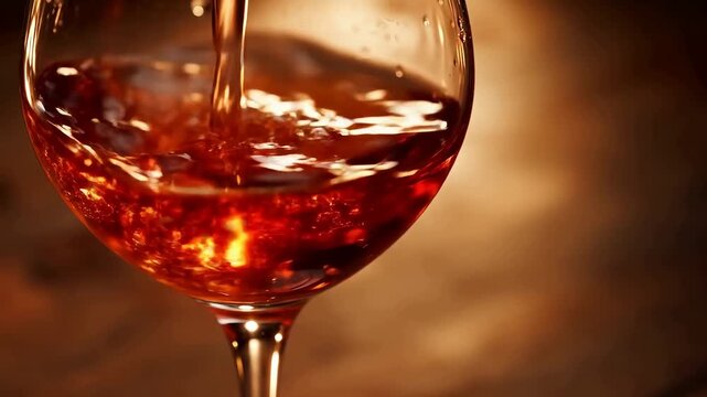 Pouring amber-colored liquid into a wine glass, creating bubbles and reflections in warm lighting