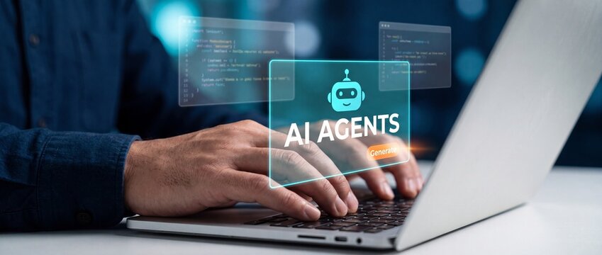 Person typing on laptop with ai agents interface with artificial intelligence machine learning laptop blue development programming technology innovation automation computer with software