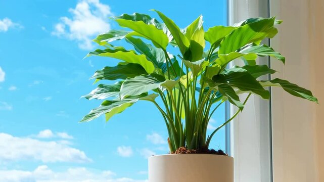 A potted green plant with broad leaves sits by a window against a bright blue sky with scattered clouds.