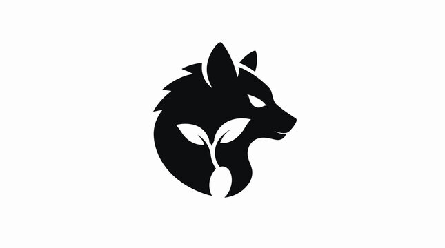 Black and white wolf head logo with leaf design.