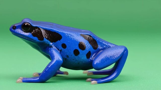 Vivid blue poison dart frog model on green background. Brightly colored amphibian toy for educational or decorative use.