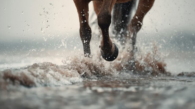 Horse hooves splash energetically through shallow water at the beach. Dynamic close-up captures motion, power, and the beauty of equine movement.