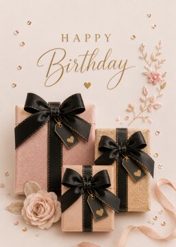 Elegant Luxury Birthday Gift Boxes With Black Ribbons And Golden Details