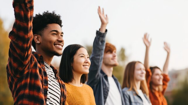 A diverse group of activists stands united with expressive faces and raised hands. Multicultural solidarity is showcased in warm, natural light on a blurred urban backdrop.