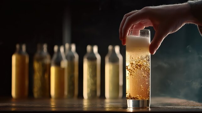 A hand holds a tall glass of frothy beer with visible hops and lively bubbles. Bottled brews in the background create a rich, artisanal craft beer scene.