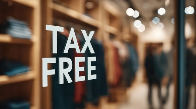 Close-up of TAX FREE lettering on a boutique window in an upscale retail setting. Sleek typography, subtle reflections, and a blurred interior suggest luxury shopping.