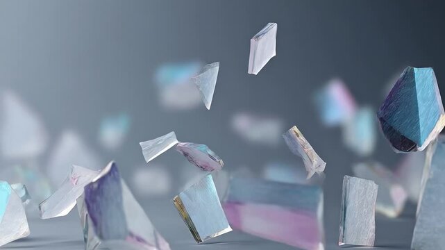 Mesmerizing floating crystal fragments in motion against blue background
