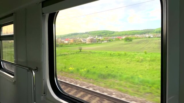 From the train window, you can see lush green fields and charming villages floating by. Scenic train journey and exploration concept