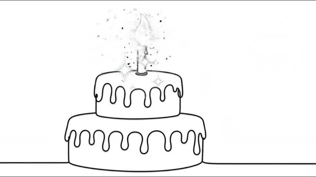Minimalist continuous line art illustration of a celebratory two-tier birthday cake with a shimmering candle, evoking joy and festive occasions