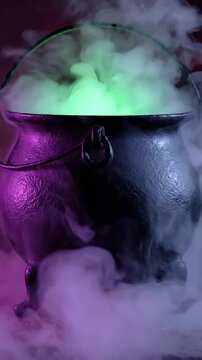 A bubbling witch's cauldron with green glowing liquid and swirling purple and white smoke, mystical atmosphere, fantasy element