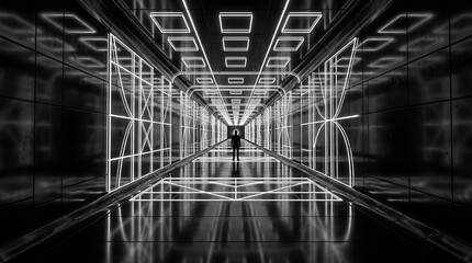 Obraz premium Futuristic neon tunnel with silhouette a digital art exploration of light and perspective