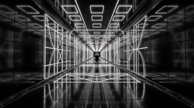 Futuristic neon tunnel with silhouette a digital art exploration of light and perspective