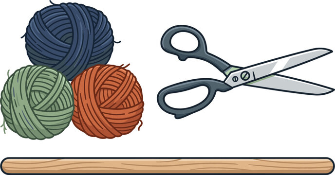 Textile Craft and Weaving Tool Vector Illustration Set Featuring Colorful Yarn Balls, Sewing Shears Scissors, and Wooden Dowel Rod Element