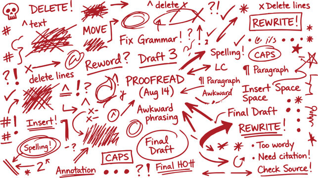 Handwritten proofreading and editing marks with red ink on white paper for academic writing, grammar, and text correction