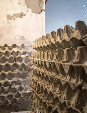 A grid like pattern of empty egg cartons nailed to a cold wall serving as makeshift insulation in winter.