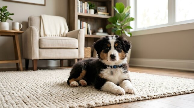Adorable bernese mountain dog puppy relaxing on a woven rug in a cozy living room