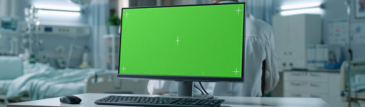 Green Screen Computer in Medical Lab: A computer with a vibrant green screen sits on a desk in a modern medical laboratory, surrounded by advanced scientific equipment and sterile instruments.