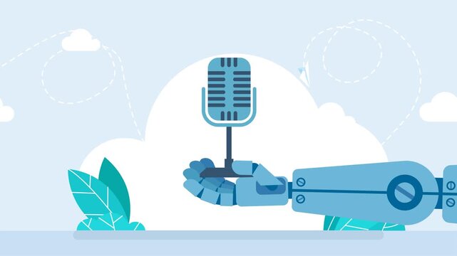 Internet digital recording, online broadcasting. Robot hand holding a mic. Podcasting concept. Chatbot robot with microphone. AI customer service and virtual assistant technology. 2d flat animation