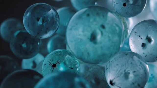 Captivating closeup of vibrant blue and teal glass spheres in motion
