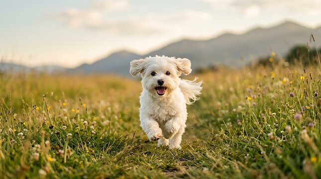 Joyful coton de tulear running through wildflower meadow at golden hour