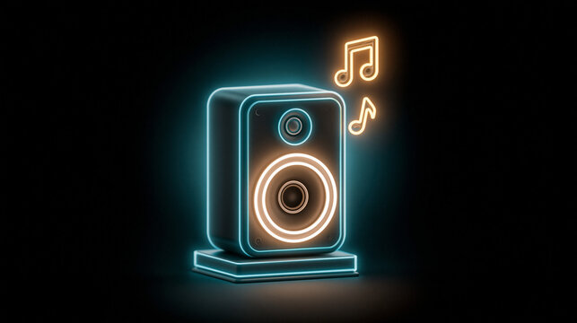 Neon Speaker with Music Notes: A modern speaker, outlined in glowing neon blue and orange light, emanates musical notes in the dark, symbolizing sound and rhythm.