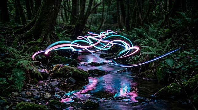 Enchanting light painting over forest creek a magical woodland scene with vibrant colors