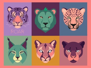 Pop Art Wild Cat Portraits Grid featuring Tiger, Lion, Leopard, Lynx, Cougar, and Panther © Suci