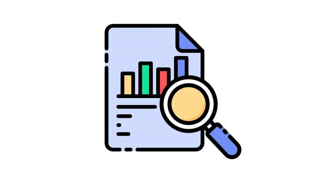 Magnifying glass over document with bar chart for business analysis.