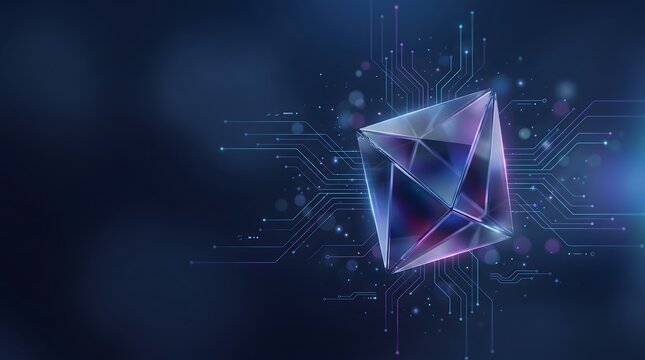 Futuristic glowing crystal core with circuit board lines symbolizing quantum computing and advanced microprocessor technology