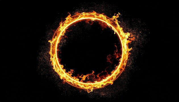 Fiery ring with burning edges on black. Bright orange flames swirl around a central void, casting light and sparks