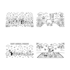 Fototapeta premium Cute cartoon animals coloring book pages set featuring llama panda teddy bear and baby animal parade