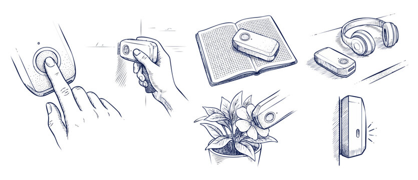 Smart tracker device sketch illustration showing IoT gadget use cases in hand drawn line art style, featuring button press, wall mount sensor, plant care scanner, and headphone tech accessories.