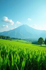 Fototapeta premium Serene Landscape Featuring a Lush Green Meadow Under a Vivid Blue Sky with a Majestic Mountain in the Background