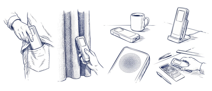 Color sensor device sketch illustration showing portable spectrophotometer use cases including scanning color swatches on desk pocket storage and charging dock in classic engraved blue line art style.